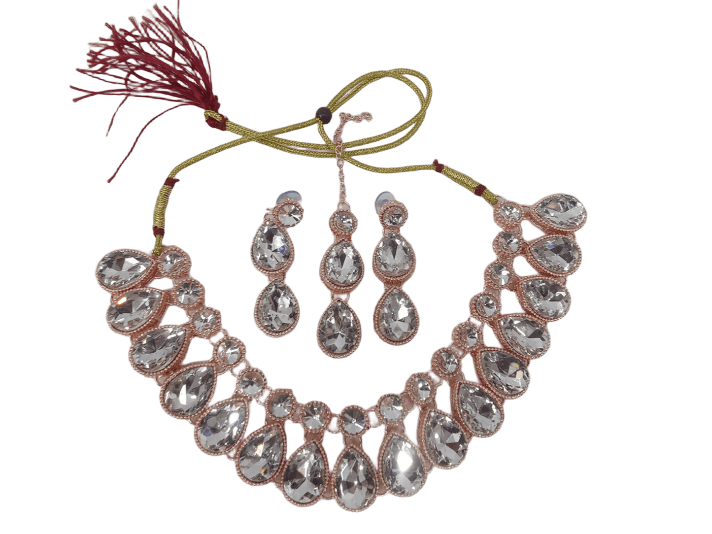 Necklace Set Rose Gold Plated Stones Choker Women Necklace Earring Mang Tika By Kalra Creations