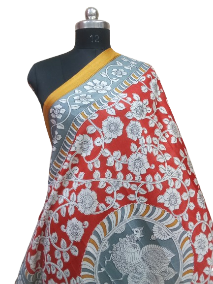 Women Long Dupatta Stole Silk Handmade Kalamkari Dupatta By Kalra Creations