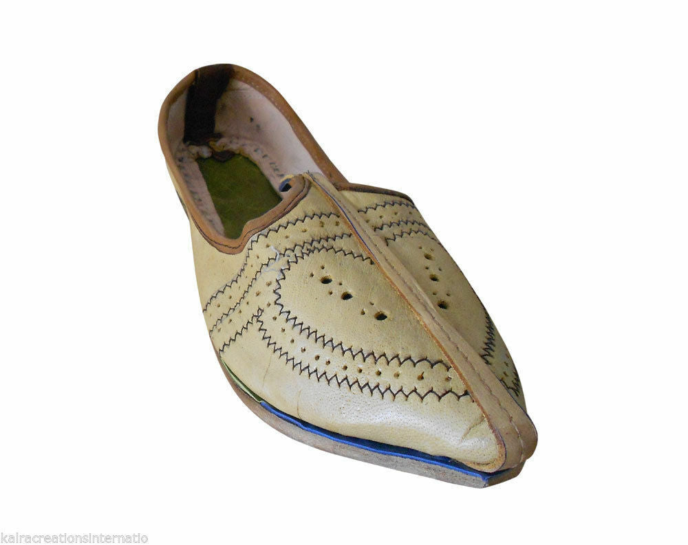 By Kalra Creations Men Shoes Indian Leather Mojaries Cream Handmade Khussa Designer Jutties Espadrilles Flip-Flops Flat US 8