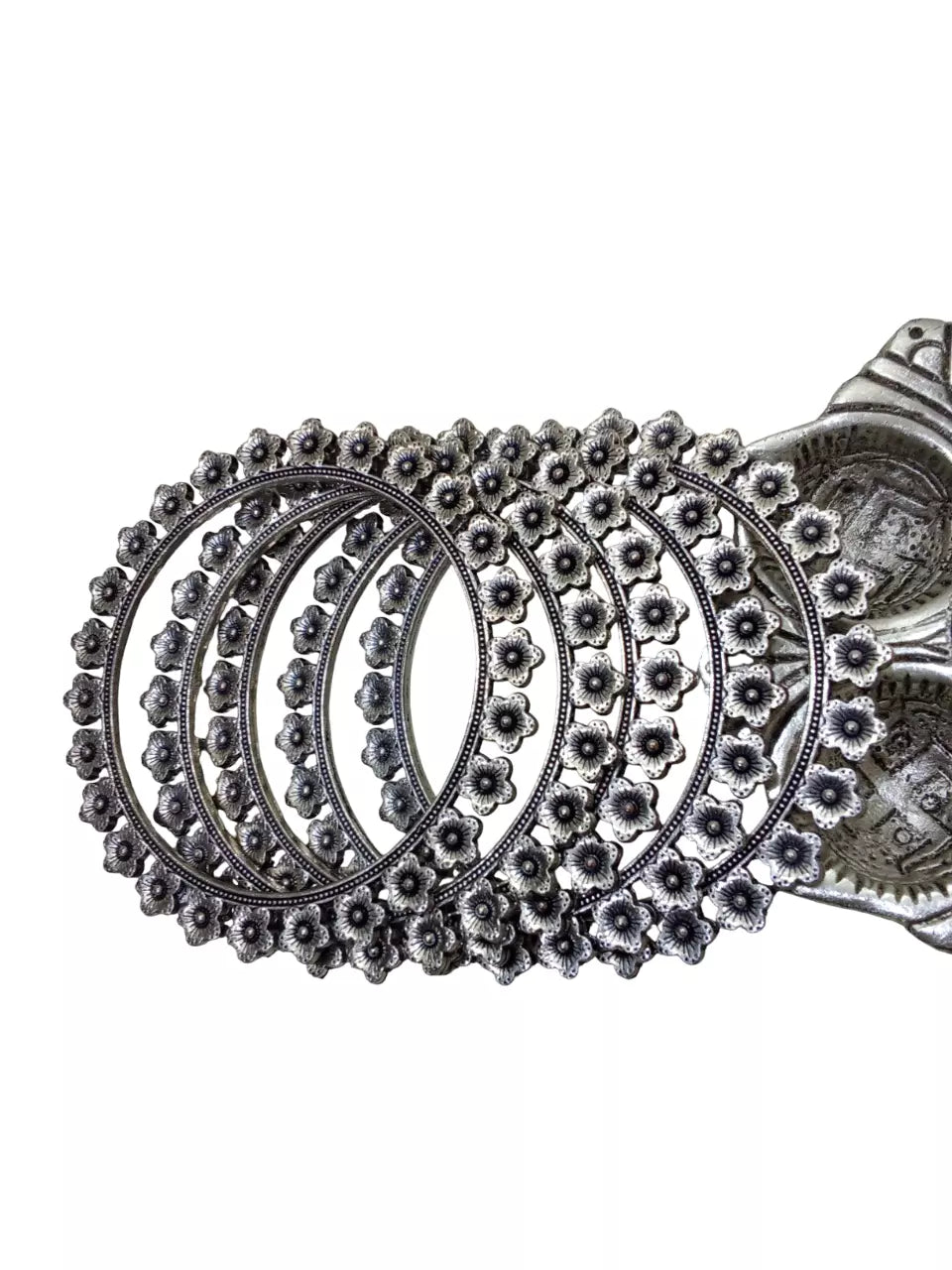 Women Brass Silver Oxidised Bracelet Bangles Brass Rajasthani 5 Pcs Size 2.6 By Kalra Creations