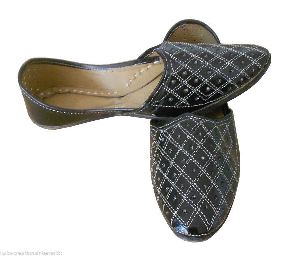 By Kalra Creations Men Shoes Indian Jutties Handmade Espadrilles Khussa Leather Black Mojaries Flip-Flop Flat US 8