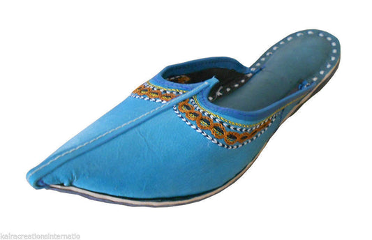Women Slippers Indian Handmade Leather Traditional Sky Blue Clogs Jutties Flip-Flops Flat US 5/6