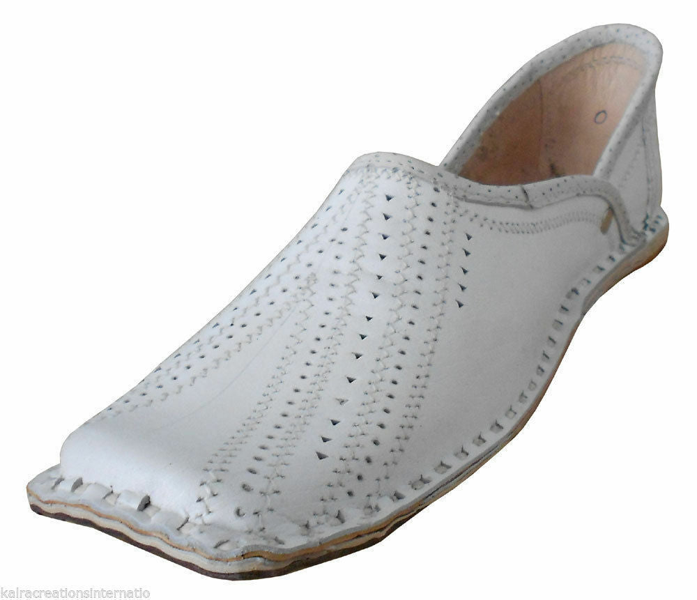 By Kalra Creations Men Shoes Traditional White Leather Mojaries Indian Handmade White Jutties Flip-Flops Flat US 9