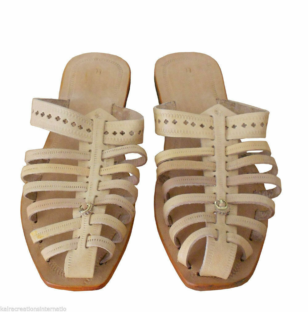 By Kalra Creations Men Slippers Indian Handmade Traditional Leather Mojaries Cream Kolhapuri Flip-Flops Flat US 7
