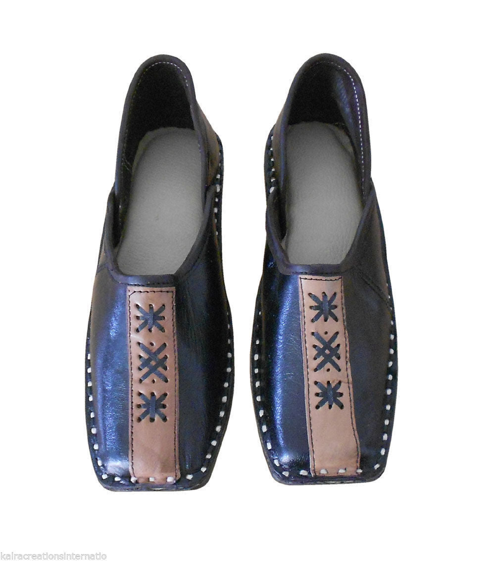 By Kalra Creations Men Shoes Leather Mojaries Handmade Indian Black Loafers & Slip Ons Jutties Flip-Flops Flat US 8