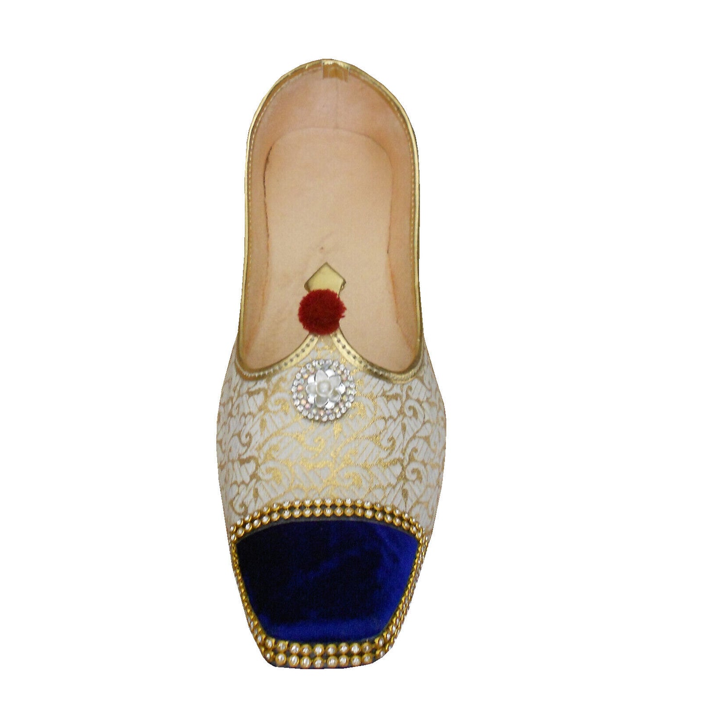 By Kalra Creations Men Shoes Indian Wedding Punjabi Handmade Cream & Blue Khussa Groom Leather Mojaries Flip-Flops Flat US 8