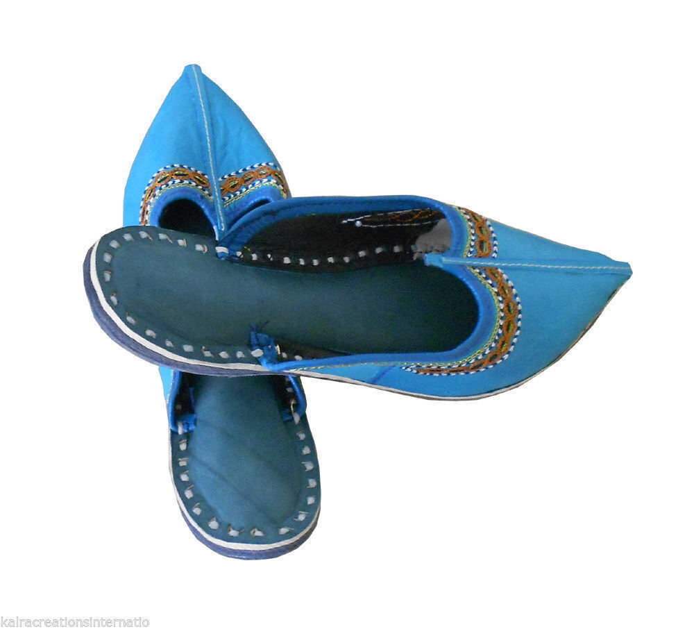 Women Slippers Indian Handmade Leather Traditional Sky Blue Clogs Jutties Flip-Flops Flat US 5/6