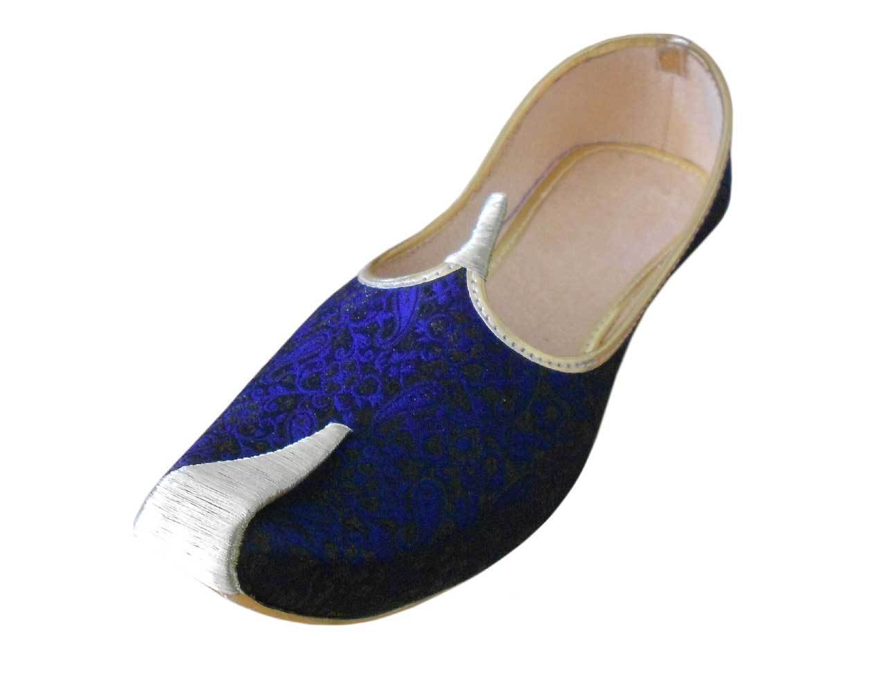 By Kalra Creations Men Shoes Indian Sherwani Handmade Mojaries Punjabi Blue Leather Jutties Flip-Flops Flat US 6-10