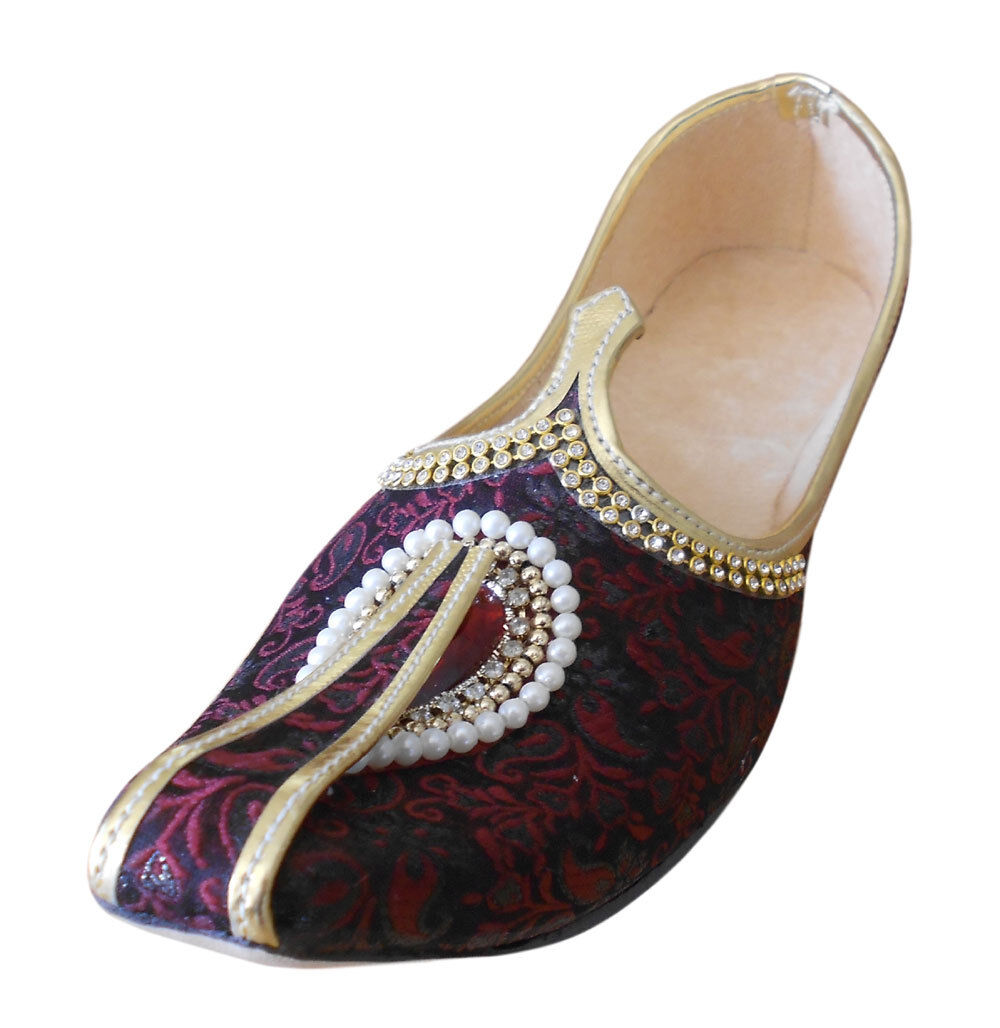 By Kalra Creations Men Shoes Indian Wedding Jutties Handmade Punjabi Maroon & Black Mojaries Groom Flip-Flops Flat US 6-11