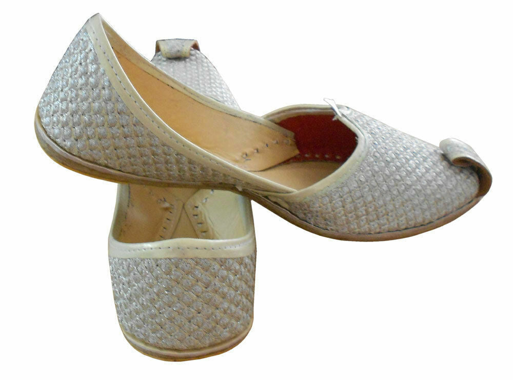 By Kalra Creations Men Shoes Indian Khussa Handmade Leather Mojaries Silver Casual Jutties Loafers Flip-Flop Flat US 7