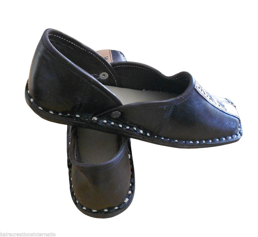 By Kalra Creations Men Shoes Leather Mojaries Handmade Indian Black Loafers & Slip Ons Jutties Flip-Flops Flat US 8