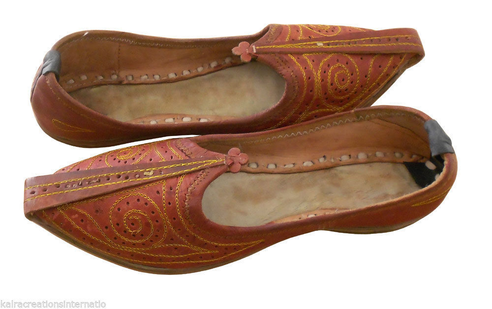 By Kalra Creations Men Shoes Indian Jutties Handmade Brown Mojaries Leather Loafers Khussa Flip-Flops Flat US 7