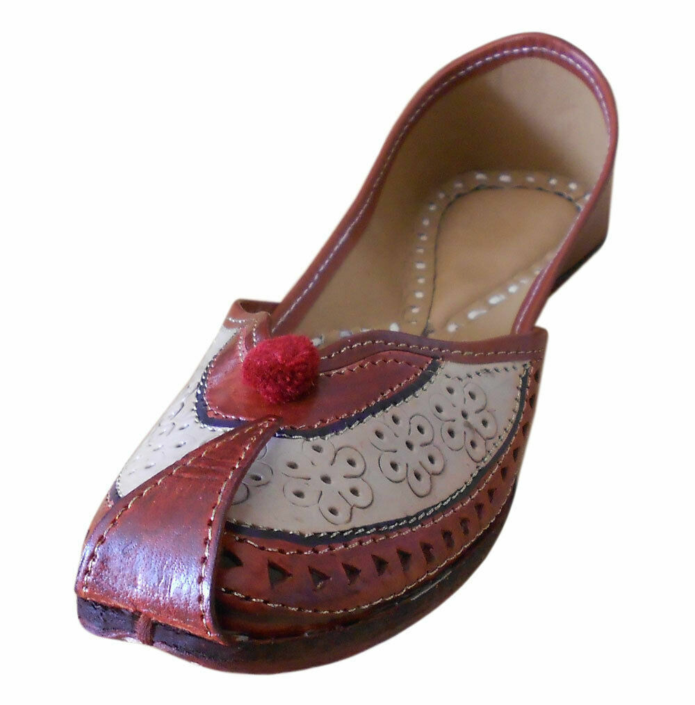 Women Shoes Indian Handmade Khussa Traditional Brown Leather Mojaries Ballerinas Flip-Flops Flat US 5.5