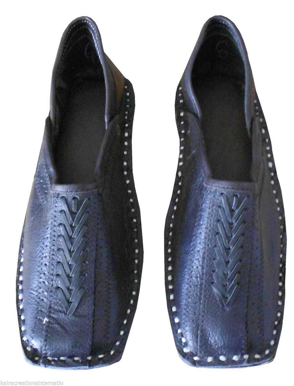 By Kalra Creations Men Shoes Traditional Indian Ethnic Punjabi Jutties Leather Loafers Black Boat Handmade Flip-Flops Flat US 8