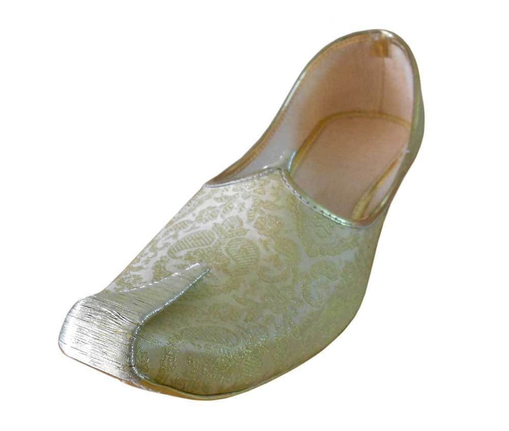 By Kalra Creations Men Shoes Wedding Mojaries Handmade Loafers Sherwani Cream & Golden Jutties Flip-Flops Flat US 6-10