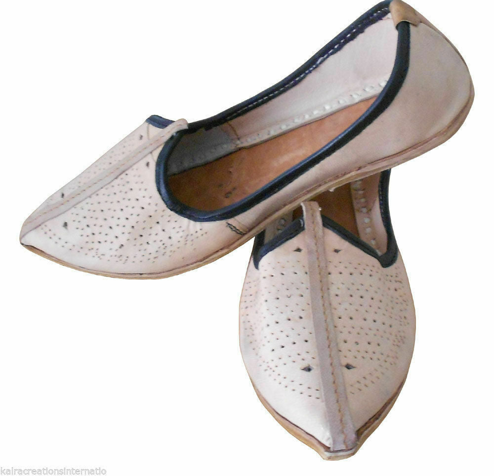 By Kalra Creations Men Shoes Indian Handmade Leather Cream Jutties Rajasthani Designer Mojaries Flip-Flops Flat US 8