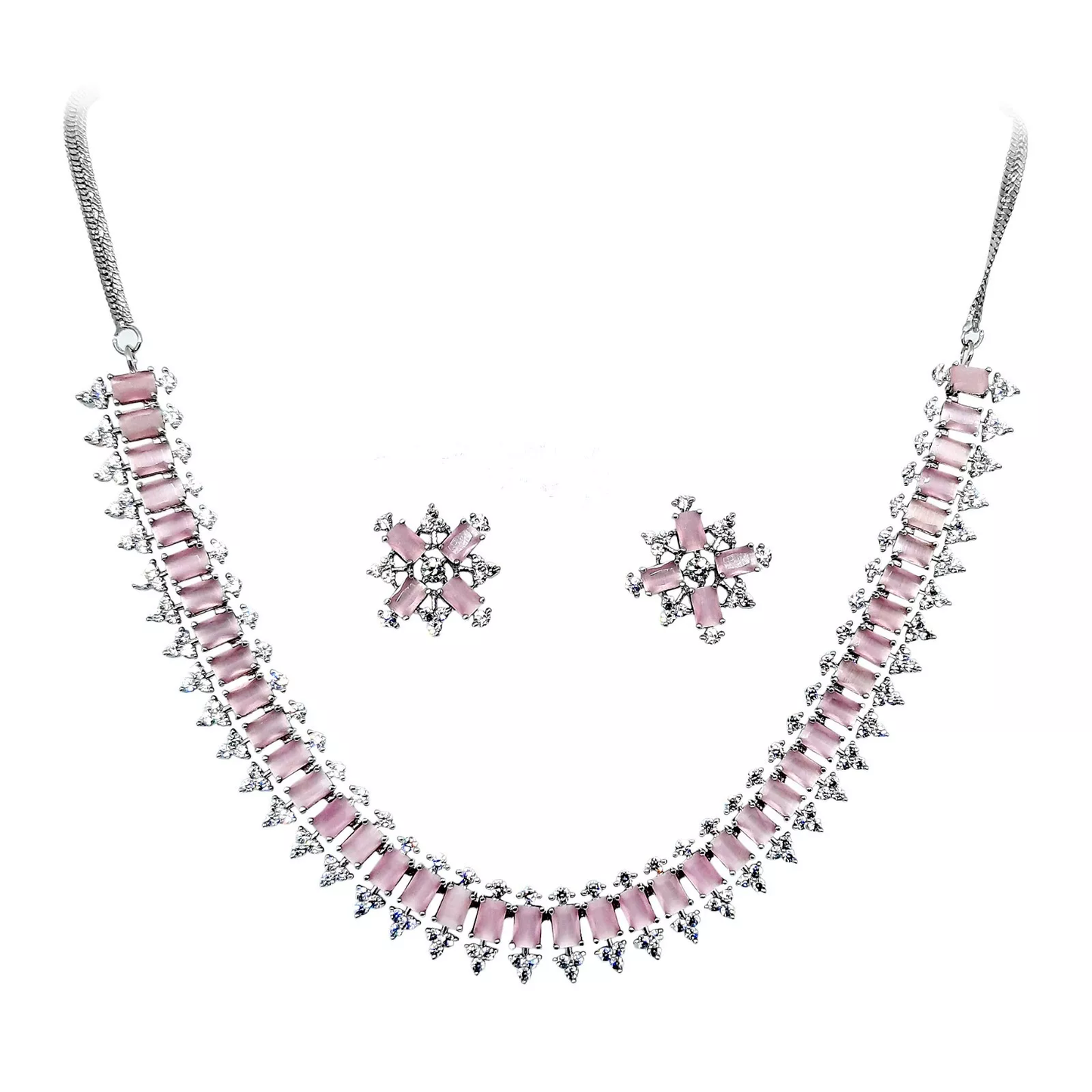 Women Necklace Set Amazing Indian Silver Plated Pink Stones Multi Strand By Kalra Creations