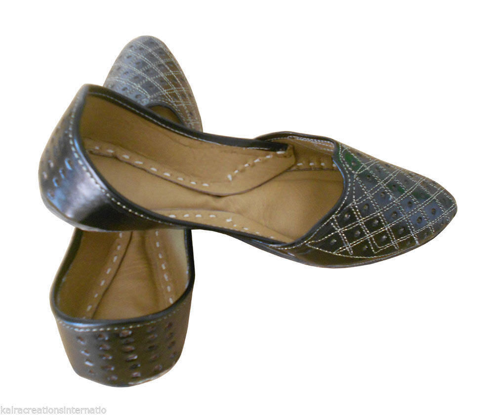By Kalra Creations Men Shoes Indian Jutties Handmade Espadrilles Khussa Leather Black Mojaries Flip-Flop Flat US 8