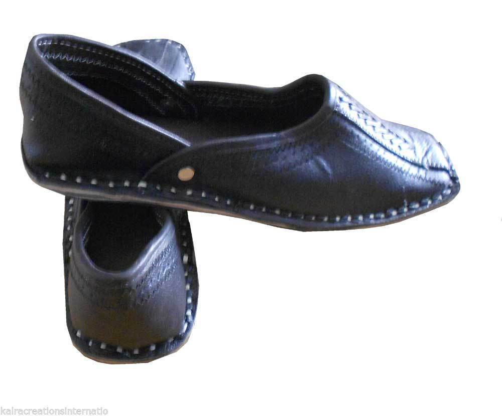 By Kalra Creations Men Shoes Traditional Indian Ethnic Punjabi Jutties Leather Loafers Black Boat Handmade Flip-Flops Flat US 8