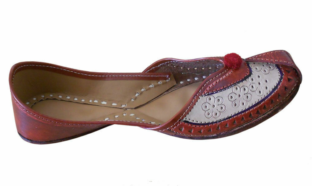 Women Shoes Indian Handmade Khussa Traditional Brown Leather Mojaries Ballerinas Flip-Flops Flat US 5.5