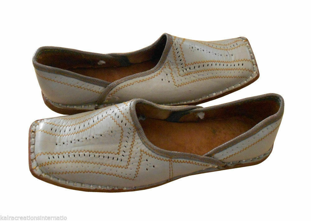 By Kalra Creations Men Shoes Indian Handmade Wedding Mojaries Leather Light Gray Loafers & Slip Ons Jutties Flip-Flops US 9