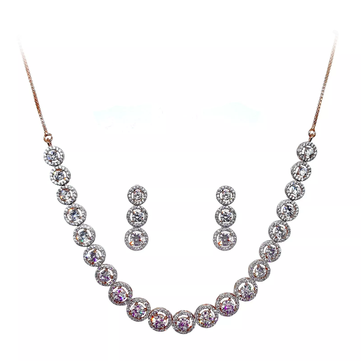Women Necklace with Earrings Indian Silver Plated Cut White Stones Multi Strand By Kalra Creations