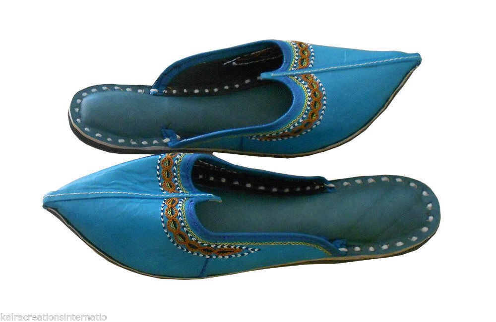 Women Slippers Indian Handmade Leather Traditional Sky Blue Clogs Jutties Flip-Flops Flat US 5/6