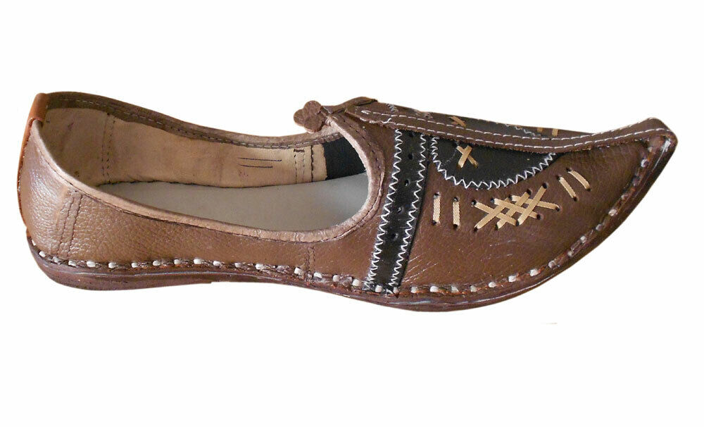 By Kalra Creations Men Shoes Espadrilles Handmade Brown Jutties Rajasthani Khussa Leather Mojaries Flip-Flop US 8