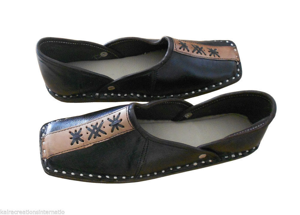 By Kalra Creations Men Shoes Leather Mojaries Handmade Indian Black Loafers & Slip Ons Jutties Flip-Flops Flat US 8