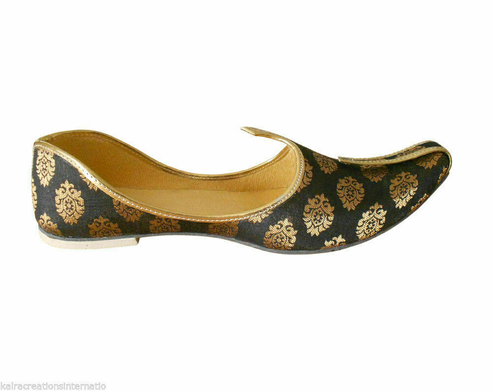 By Kalra Creations Men Shoes Indian Wedding Punjabi Khussa Handmade Leather Black Mojaries Flip Flops US 6