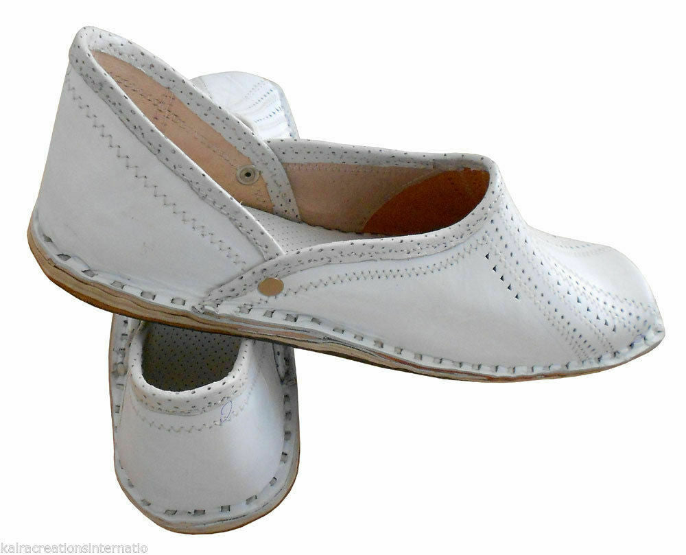 By Kalra Creations Men Shoes Traditional White Leather Mojaries Indian Handmade White Jutties Flip-Flops Flat US 9