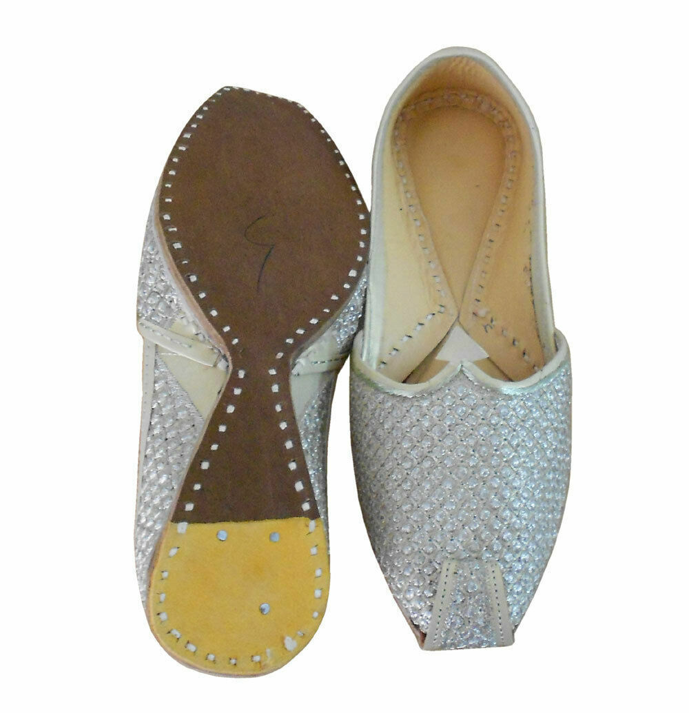 By Kalra Creations Men Shoes Indian Khussa Handmade Leather Mojaries Silver Casual Jutties Loafers Flip-Flop Flat US 7