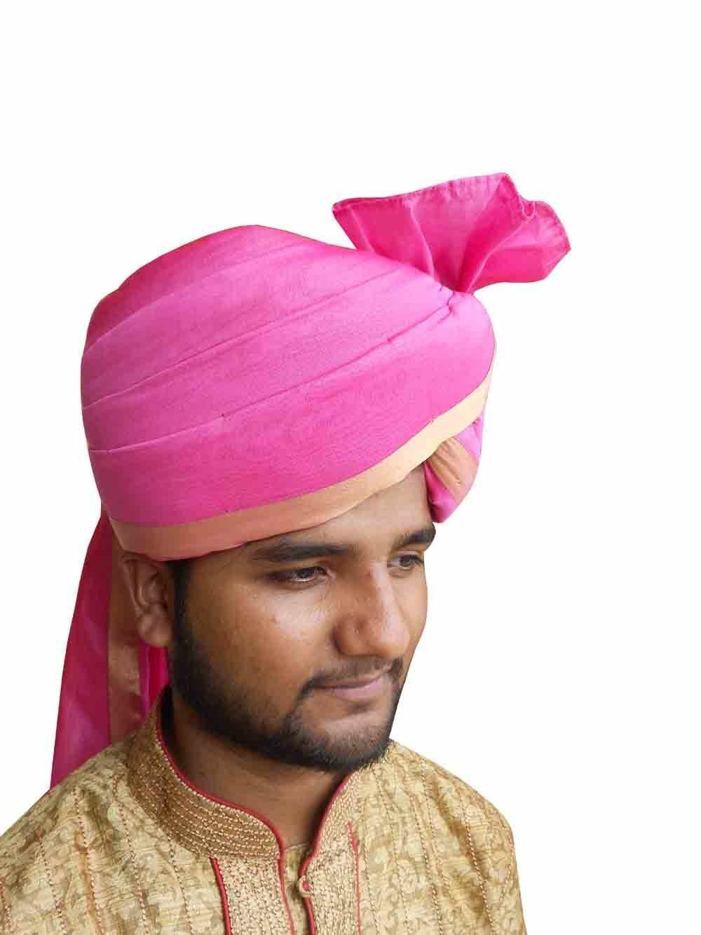 Men Hat Indian Banarasi Silk Turban Wedding Pink Pagri Handmade Pag Safa Top