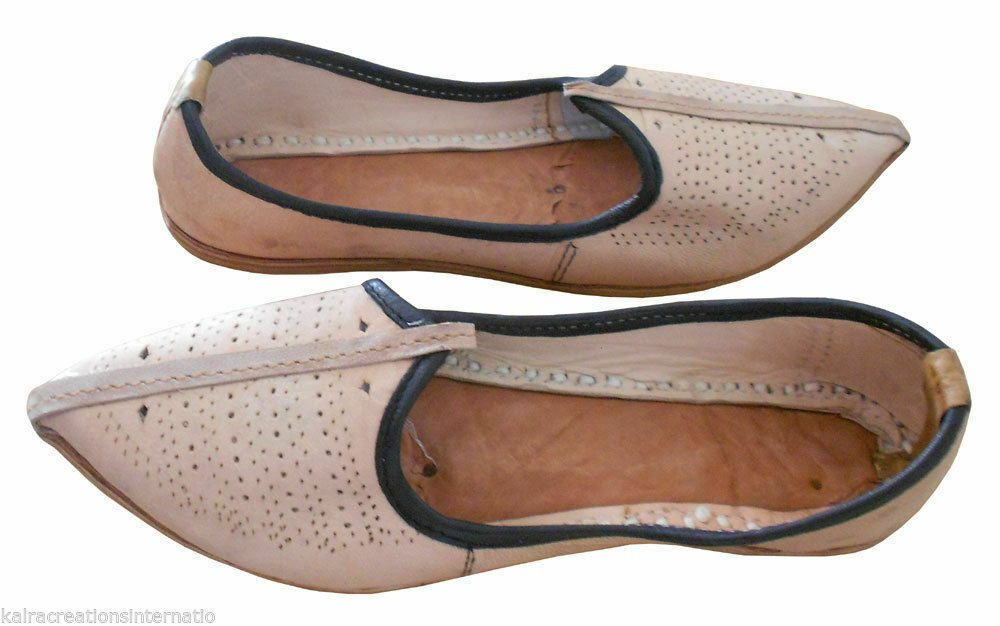 By Kalra Creations Men Shoes Indian Handmade Leather Cream Jutties Rajasthani Designer Mojaries Flip-Flops Flat US 8