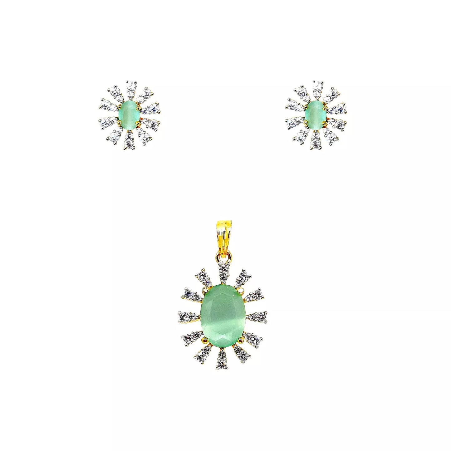 Women Gold Plated Green Stone Copper Pendant With Tops Earrings Combo Jewelery By Kalra Creations
