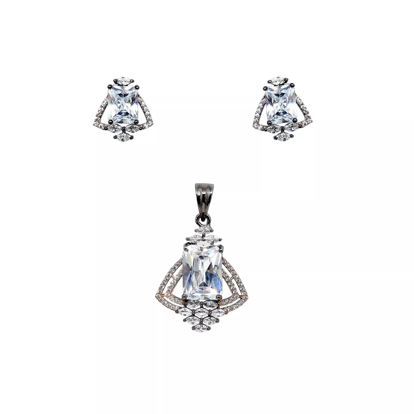 Women Pendant Earring Amazing Silver Plated Oxidised Cut White Stones Copper By Kalra Creations