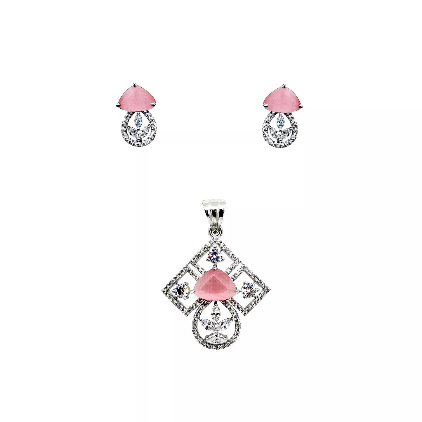 Women Silver Plated White Stone Copper Pendant with Tops Earrings Combo Jewelery By Kalra Creations