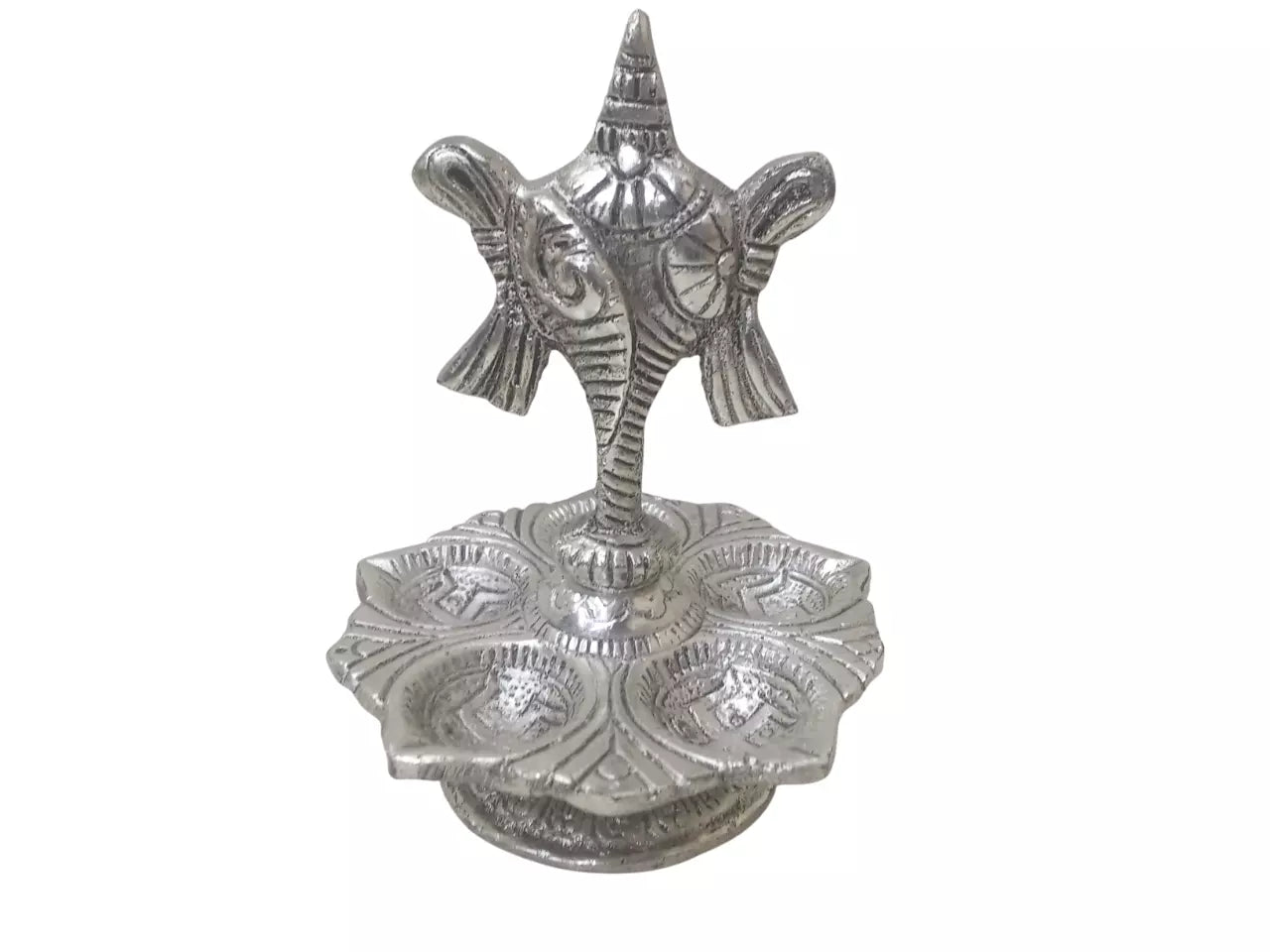Panch Mukhi Diya with Chakar Stand Silver Plated Metal Designer Shankh Chakra By Kalra Creations