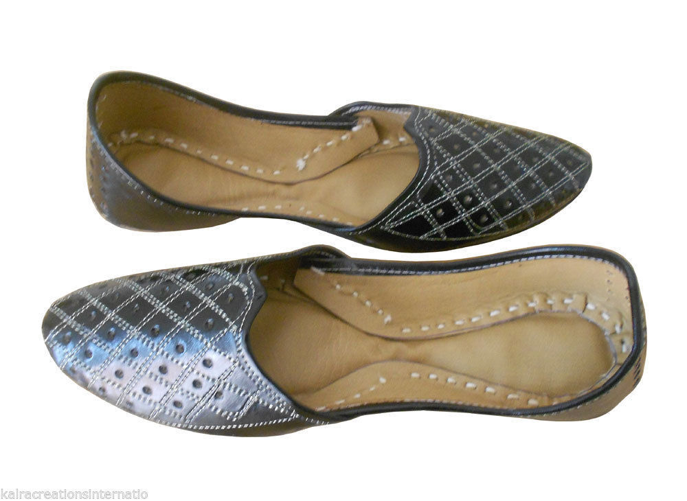 By Kalra Creations Men Shoes Indian Jutties Handmade Espadrilles Khussa Leather Black Mojaries Flip-Flop Flat US 8