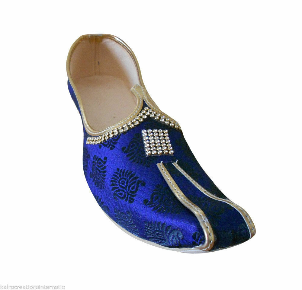 By Kalra Creations Men Shoes Indian Mojaries Sherwani Wedding Blue Jutties Khussa Loafers Flip-Flops Flat US 6/12
