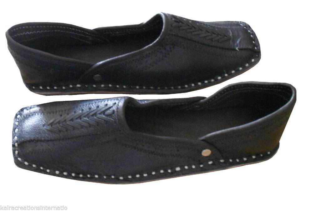 By Kalra Creations Men Shoes Traditional Indian Ethnic Punjabi Jutties Leather Loafers Black Boat Handmade Flip-Flops Flat US 8