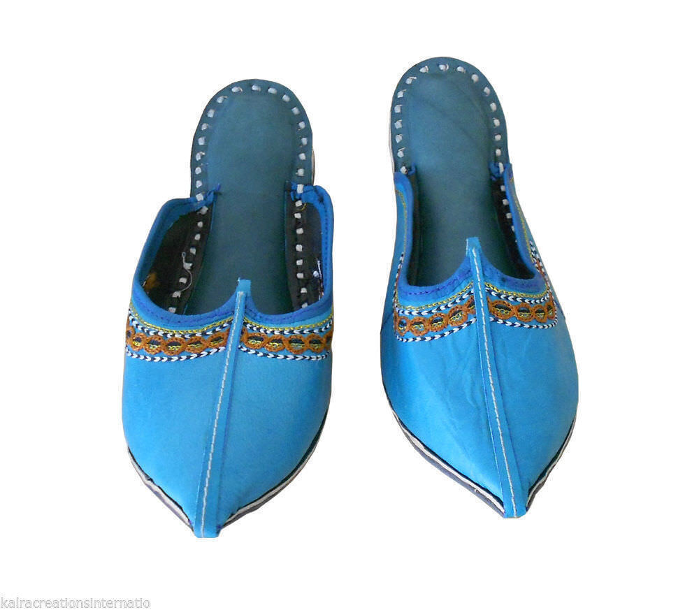 Women Slippers Indian Handmade Leather Traditional Sky Blue Clogs Jutties Flip-Flops Flat US 5/6