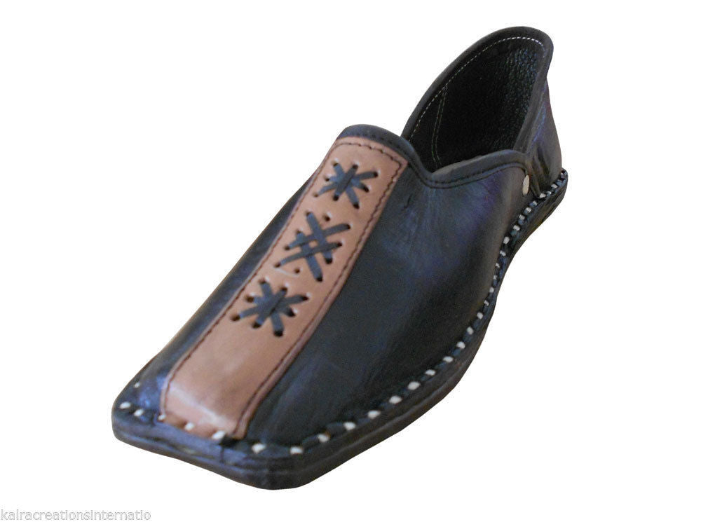 By Kalra Creations Men Shoes Leather Mojaries Handmade Indian Black Loafers & Slip Ons Jutties Flip-Flops Flat US 8