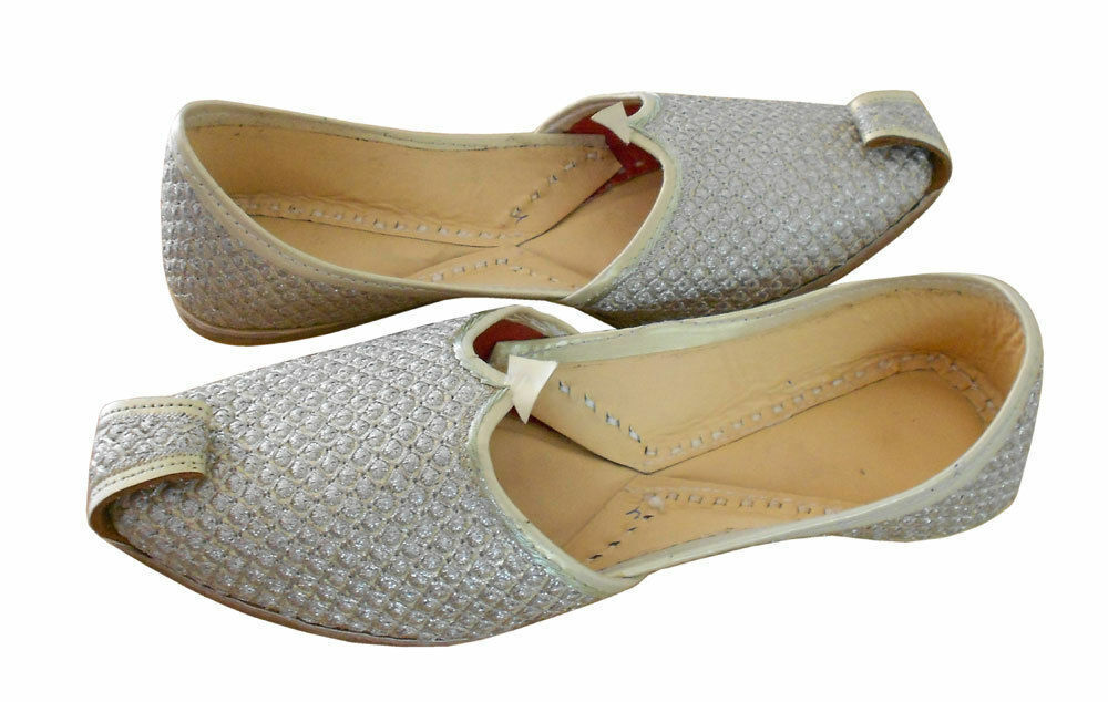 By Kalra Creations Men Shoes Indian Khussa Handmade Leather Mojaries Silver Casual Jutties Loafers Flip-Flop Flat US 7