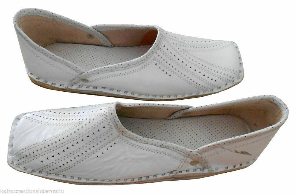 By Kalra Creations Men Shoes Traditional White Leather Mojaries Indian Handmade White Jutties Flip-Flops Flat US 9