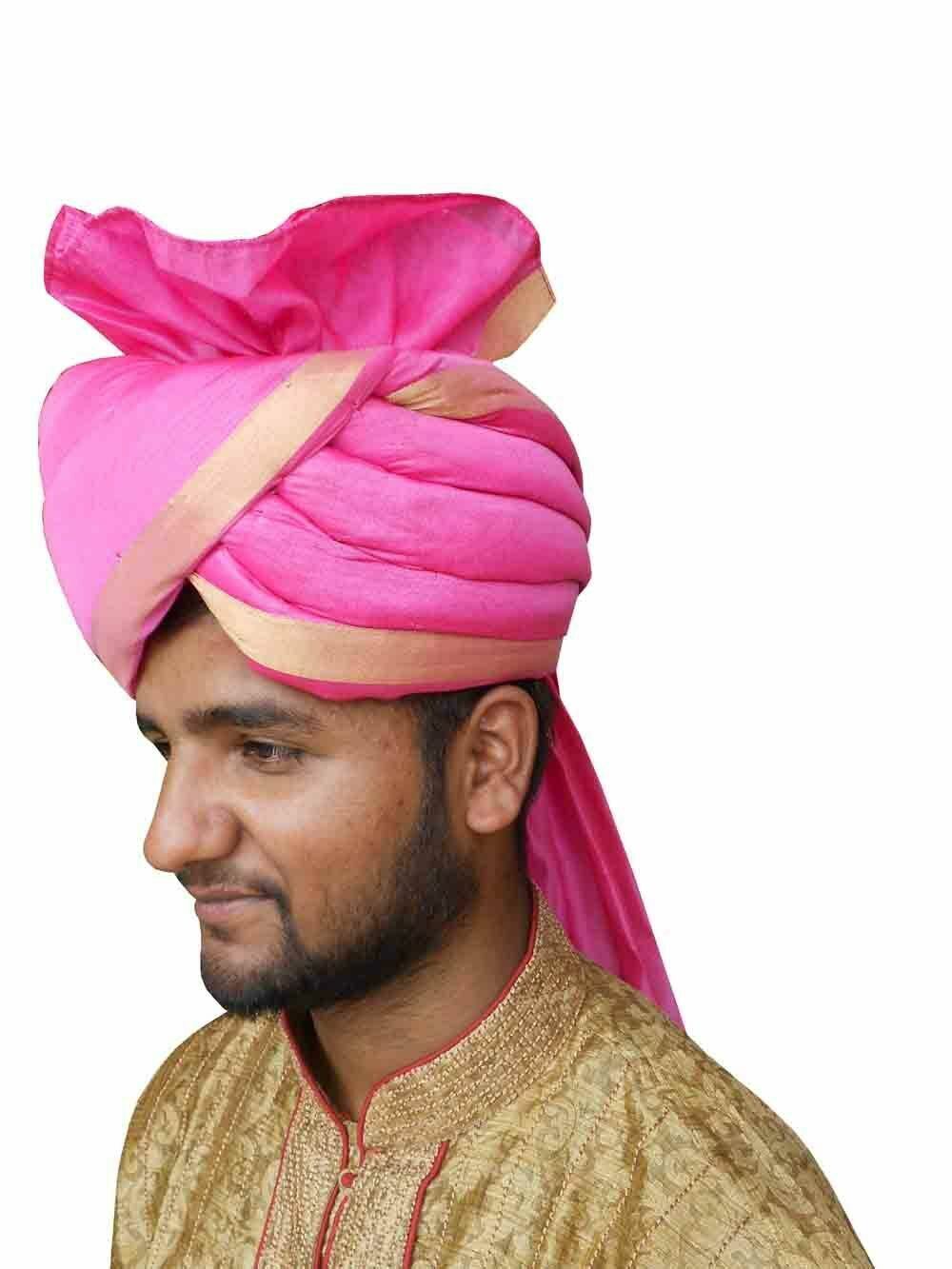 Men Hat Indian Banarasi Silk Turban Wedding Pink Pagri Handmade Pag Safa Top