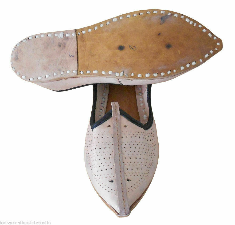 By Kalra Creations Men Shoes Indian Handmade Leather Cream Jutties Rajasthani Designer Mojaries Flip-Flops Flat US 8