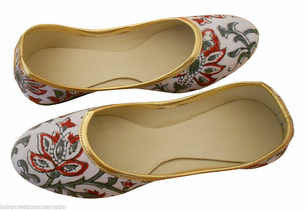 Women Shoes Indian Handmade Mojaries Leather White Ballerinas Jutties Flip-Flops Flat US 5/6
