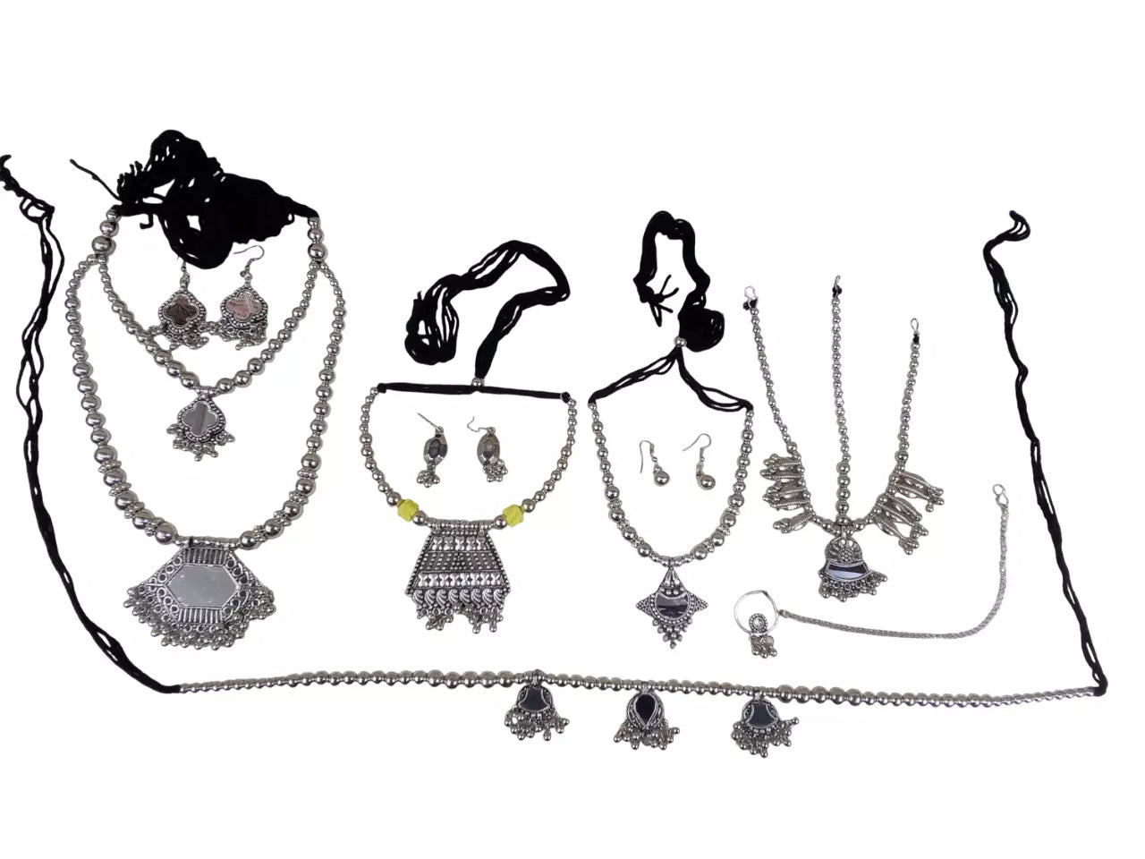 Women Silver Oxidised Necklace With Earrings Pendant Clip On Nose Pin Combo Set By Kalra Creations