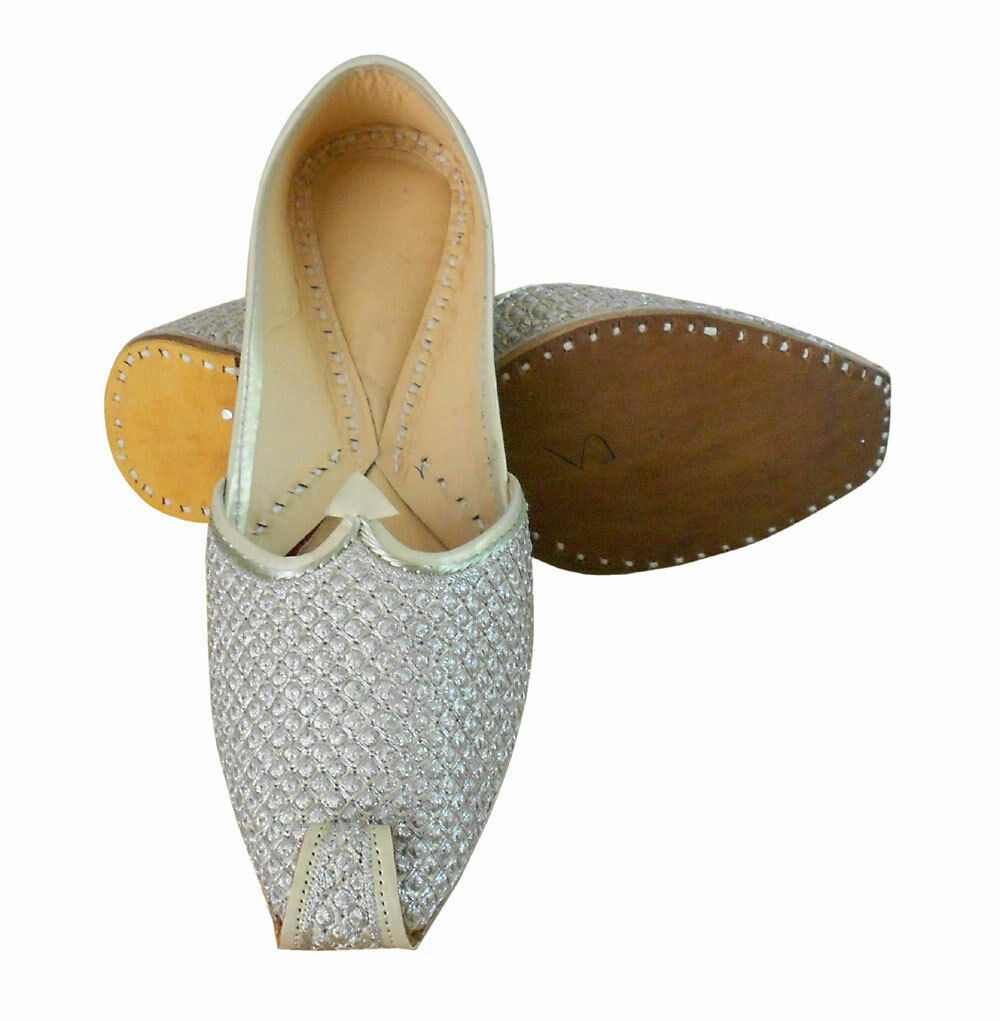 By Kalra Creations Men Shoes Indian Khussa Handmade Leather Mojaries Silver Casual Jutties Loafers Flip-Flop Flat US 7